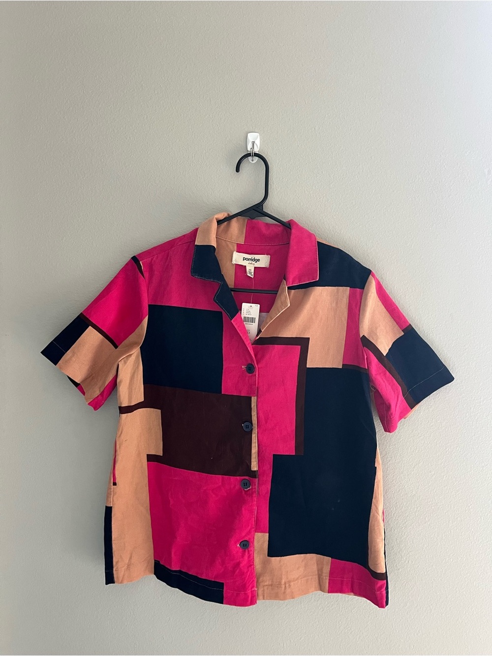 NWT Porridge Short-Sleeve Geometric Block Print Corduroy Shirt XS Pink/Navy/Tan